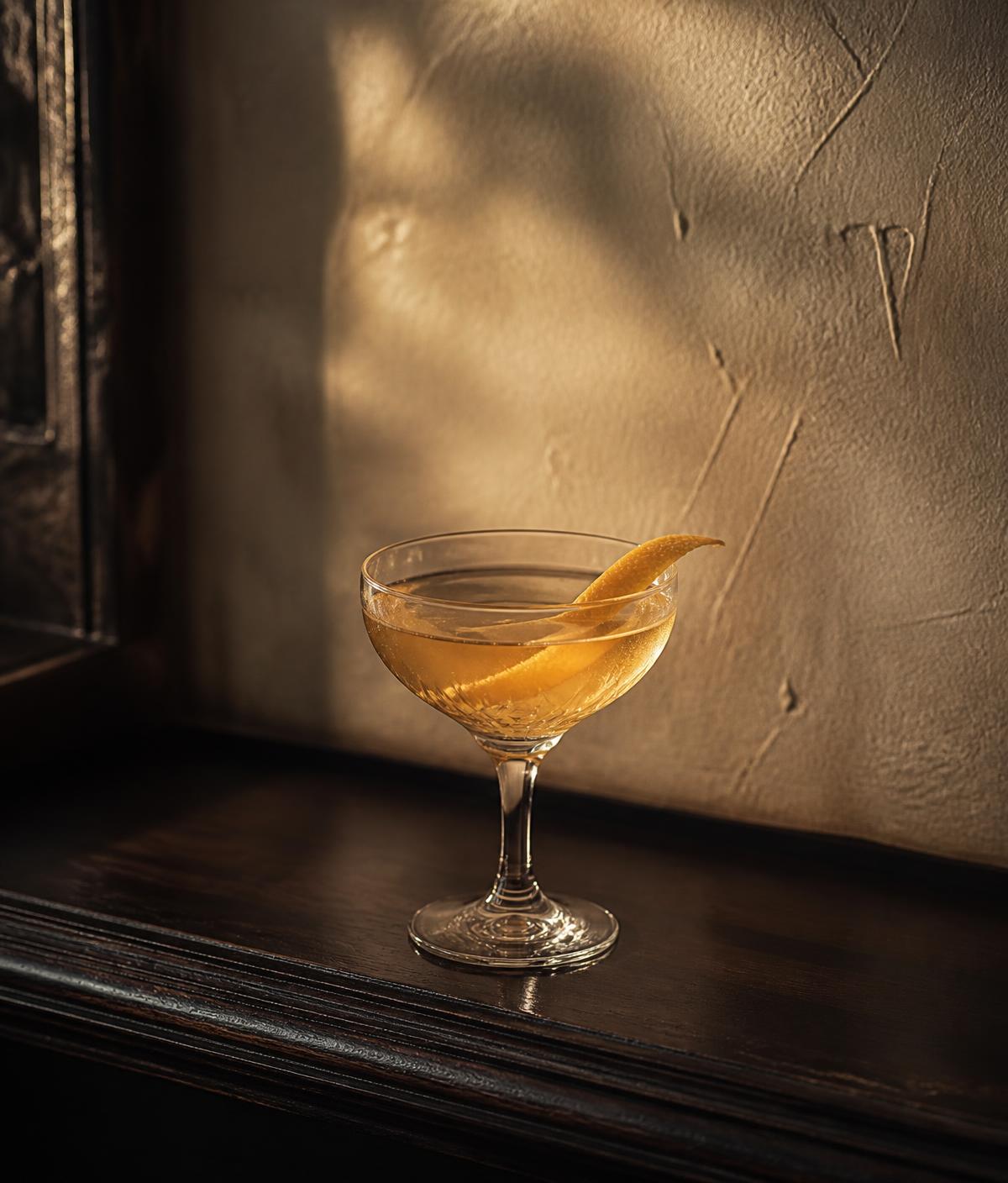 An elegant cocktail served in a coupe glass on a warm-toned bar counter